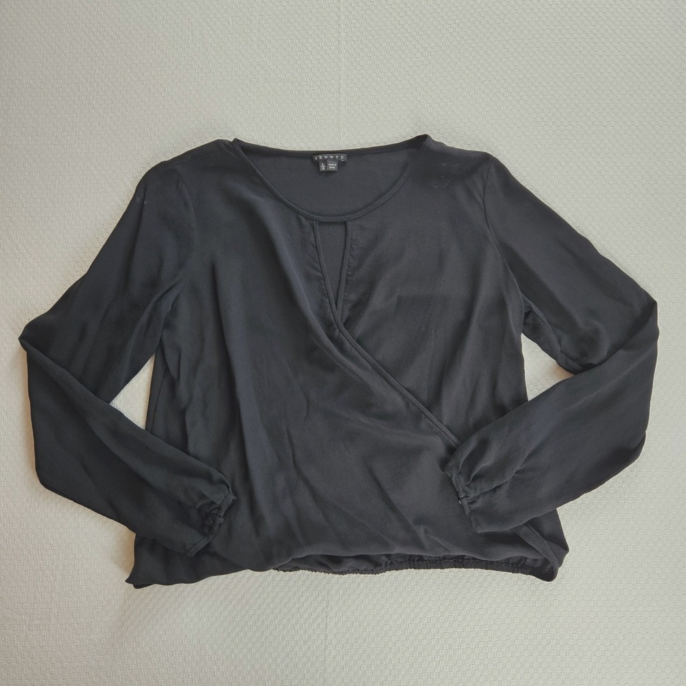 Theory Womens Black Silk Wrap Front Keyhole Blouse Long Sleeve L Quiet Luxury